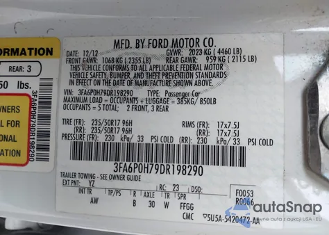 2013 Ford Fusion Se z USA, uszkodzony, nr VIN 3FA6P0H79DR198290